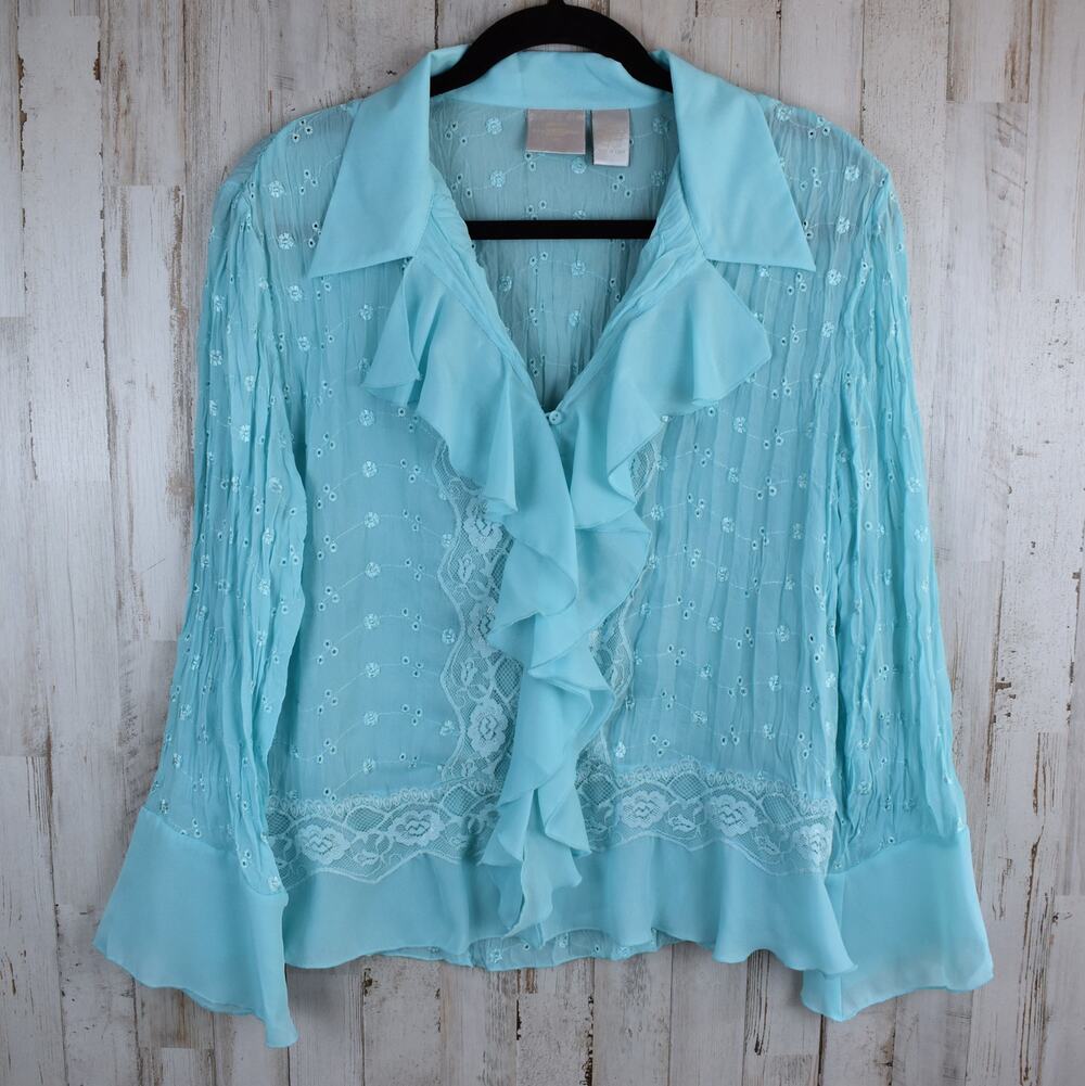 Tailor B.Moss Top Women's XL Slim Fit Turquoise Blue Button Up Cottage Coquette
